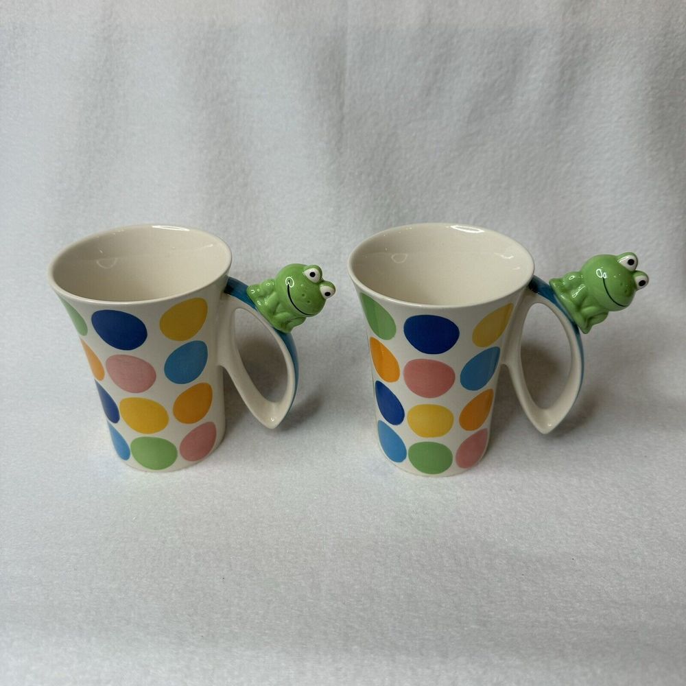 Indra Fine Stoneware Frog Colorful Polka Dot Mug Cup Hand Painted - Set Of 2 EUC